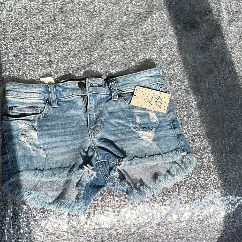 NWT cosmic blue love Distressed Denim Shorts